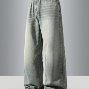 Men’s Vintage Distressed Wide Leg Jeans | Loose Straight Relaxed Fit Blue Denim